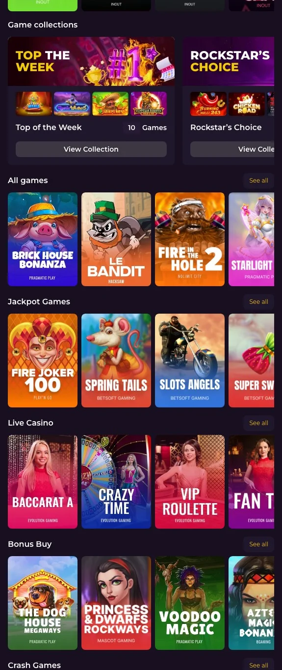 les jeux du casino RockStar Casino